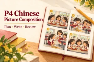 Editorial illustration for P4 Chinese picture composition: plan, write and review a story