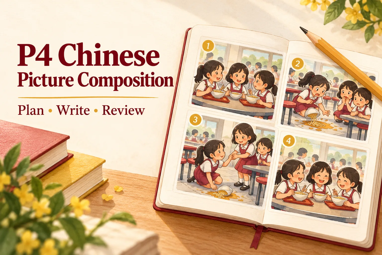 Editorial illustration for P4 Chinese picture composition: plan, write and review a story